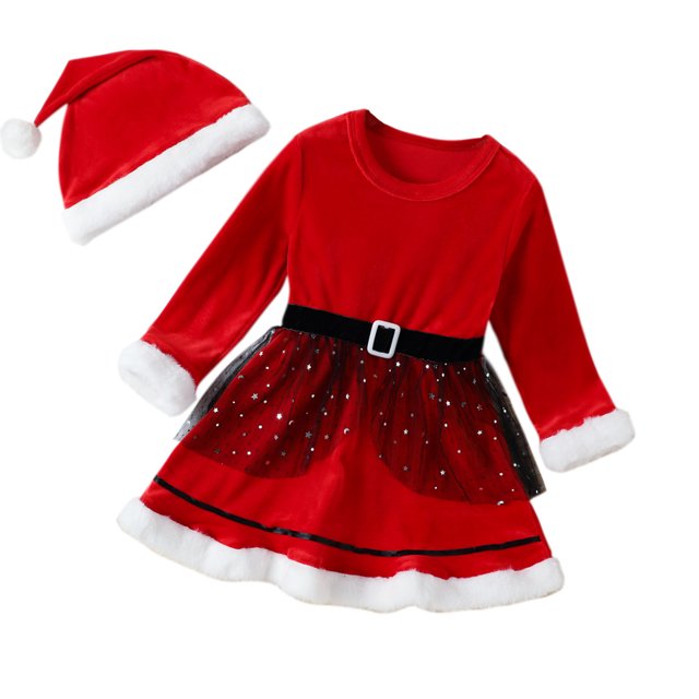 Robe de Père Noël Rouge à Manches Longues en Tulle pour Fillettes avec Chapeau