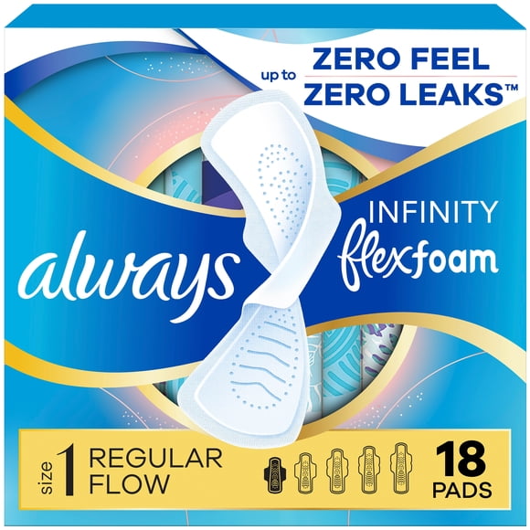 Always Infinity FlexFoam Pads for Women, Size 1, Regular Pad with Wings, Unscented, 18 Count