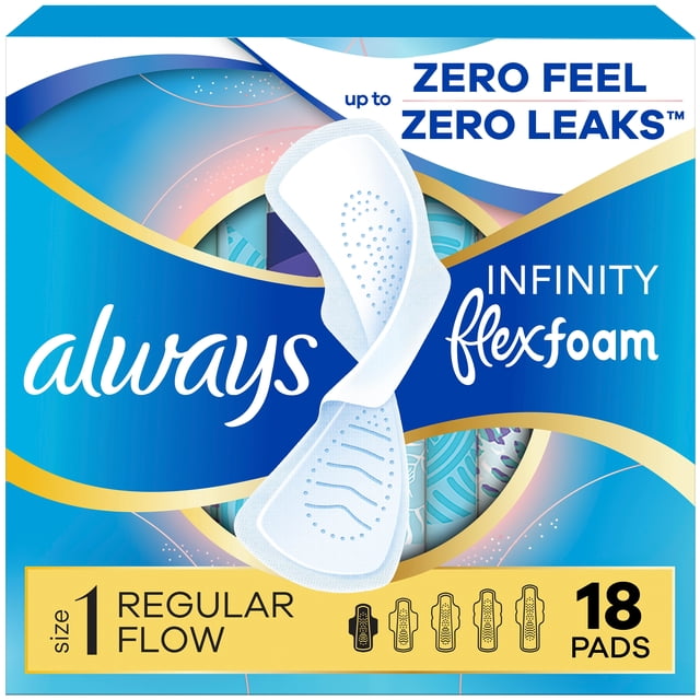Always Infinity FlexFoam Pads for Women, Size 1, Regular Pad with Wings, Unscented, 18 Count