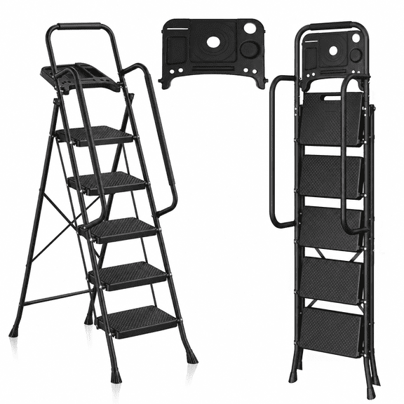 PhiloDeco 5 Step Ladder with Handrails and Tool Tray, Sturdy Metal Step Stool with Anti-Slip Wide Pedals & Safe-Lock Design, 450lbs Safety Ladder for Adults, Portable Folding Ladder for Home, Kitchen