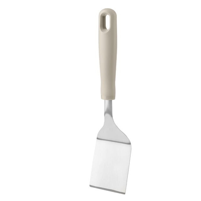 Mainstays Stainless Steel Dessert Spatula, Grey centered front-facing view of a 26 cm (10") dessert server with stainless-steel blade, dual serrated edges, comfortable grey handle, rust-resistant finish and dishwasher-safe design; often used as a small cake lifter.