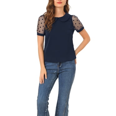 INSPIRE CHIC Women's Top Peter Pan Collar Mesh Puff Short Sleeve Vintage Polka Dots Blouse XS Navy Blue