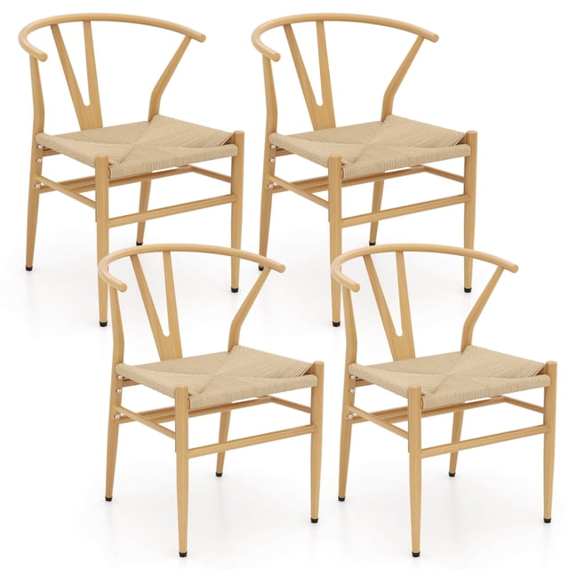 Costway Modern Dining Chair Set of 4 featuring Y-shaped curved backrests and armrests with a natural finish. These chairs have breathable woven seats made of high-quality Kraft paper twine and sturdy metal frames with crossbar reinforcements. The stackable design and adjustable footpads enhance practicality and stability, making them suitable for dining areas, offices, or living rooms.