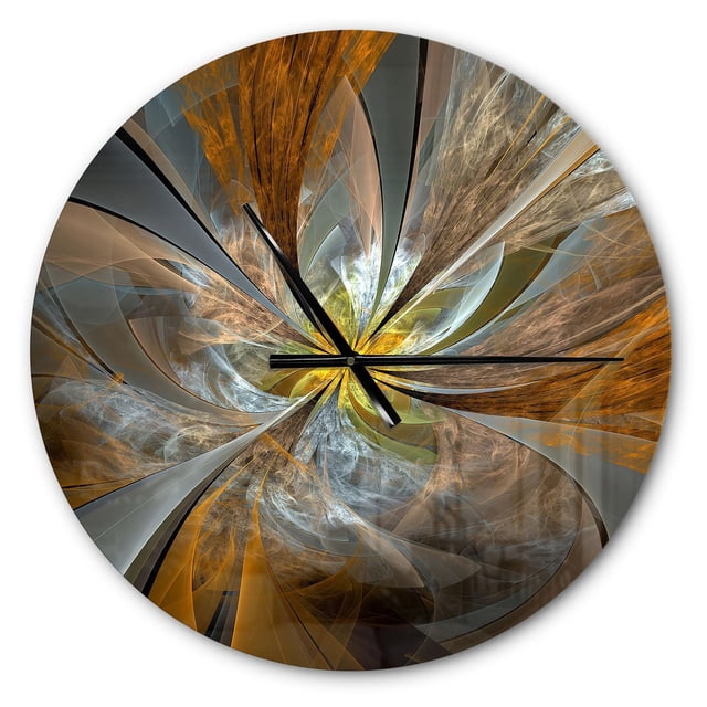 Designart « Fleur Fractale Jaune Symétrique » Horloge Murale Moderne avec un Cadran Rond en Aluminium Brillant Affichant un Motif Abstrait de Fleur Fractale en Jaune, Brun, Gris et Blanc. Elle Présente des Aiguilles Noires des Heures et des Minutes, Est Prête à Accrocher avec Quincaillerie de Montage et Pile AA Incluse, et Est Idéale pour Ajouter un point focal Contemporain à la Déco de la Maison Ou du Bureau.