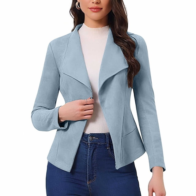 Économies d'Automne! srobpty Veste à Manches Longues pour Femme, Veste Courte à Col à Revers à Manches Longues pour Femme en Suède Uni, Mode Décontractée, Tissu Confortable, Bleu, P