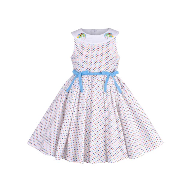 Robe Fille à Pois Brodée Arc-en-Ciel Vintage Col Rond Coton 4 Ans