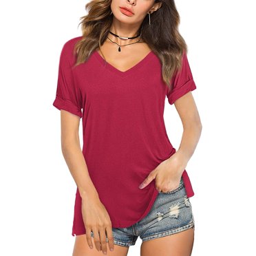 T-shirts à Manches Courtes d'Été pour Femmes à Col en V, Hauts Basiques