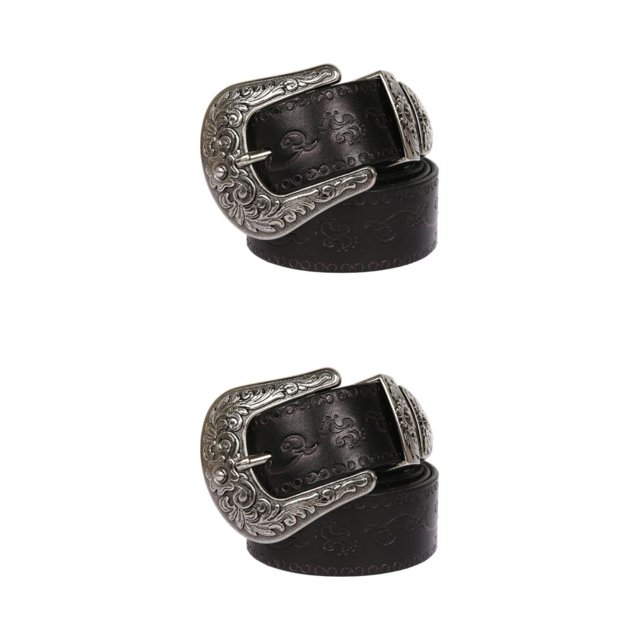 Ruiboury Embossed Pattern Belt With Fine Craftsmanship For Vintage And Western Looks Long Fashion Embossed Pattern Rivet Belt round flowers black 125cm 2Set