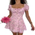 thumbnail image 1 of Women Floral Puff Sleeve Mini Dress Drawstring Ruched Square Neck A Line Summer Short Dress, 1 of 5