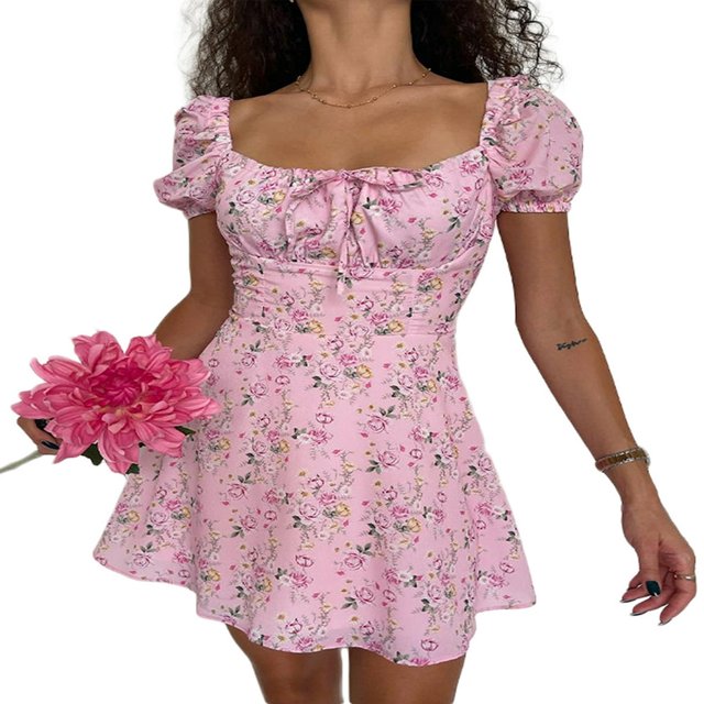 Women Floral Puff Sleeve Mini Dress Drawstring Ruched Square Neck A Line Summer Short Dress
