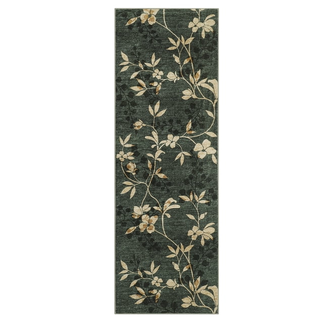 Botanical & Vintage Floral Runner Rug - Washable, Non-Slip, Soft Low Pile, Collapsible, Mark Resistant Carpet for Hallway, Kitchen, Entryway - Green, USA, 2x6ft (61x183cm)