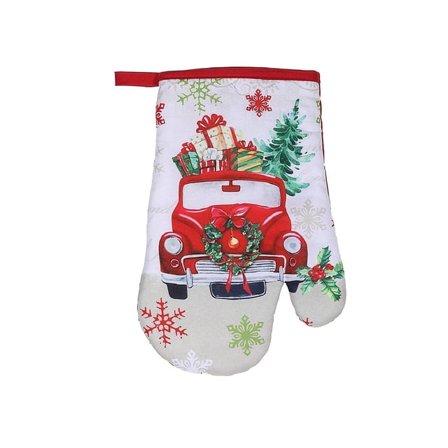 Moufle de Four (Camion avec Cadeaux) - Ensemble de 4 Moufles de Four en Coton Comprenant un Camion vintage Rouge Transportant des Cadeaux de Noël Enveloppés et une Couronne sur le Gril, Imprimées de Flocons de Neige Rouges et Verts et de Houx, Conçues avec un Tissu Résistant à la Chaleur et une Prise Antidérapante pour Manipuler en Toute Sécurité les Batteries de Cuisine Chaudes.