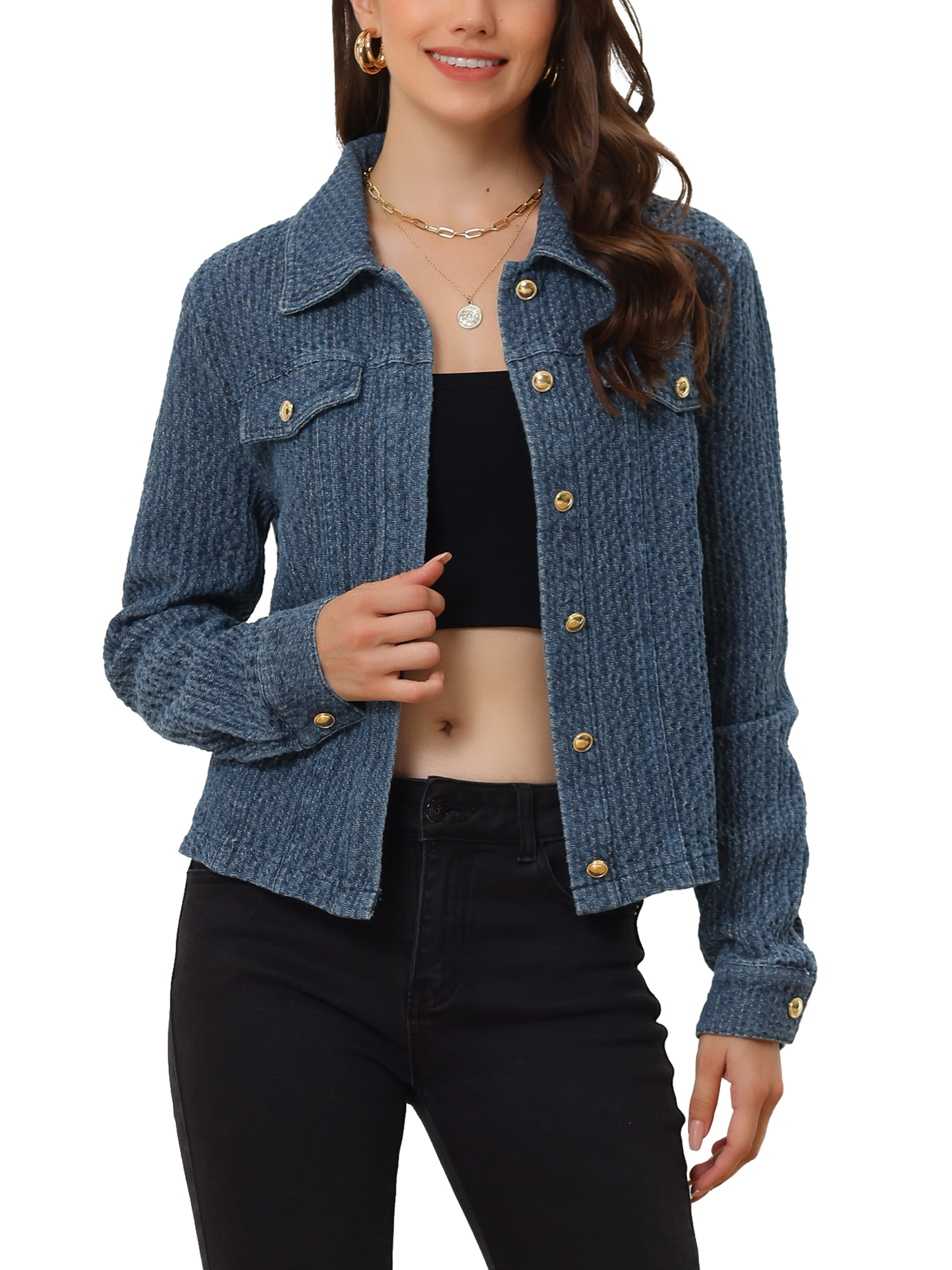 INSPIRE CHIC Women's Jean Jacket Button Up Long Sleeves Texture Washed Casual Denim Jacket S Dark Blue