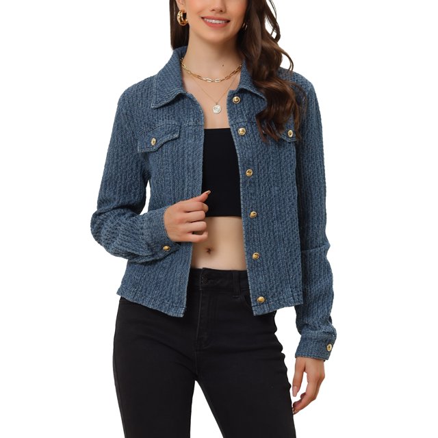 INSPIRE CHIC Veste en Jean pour Femme à Boutons Manches Longues Texture Délavée Veste en Denim Décontractée m Bleu Foncé