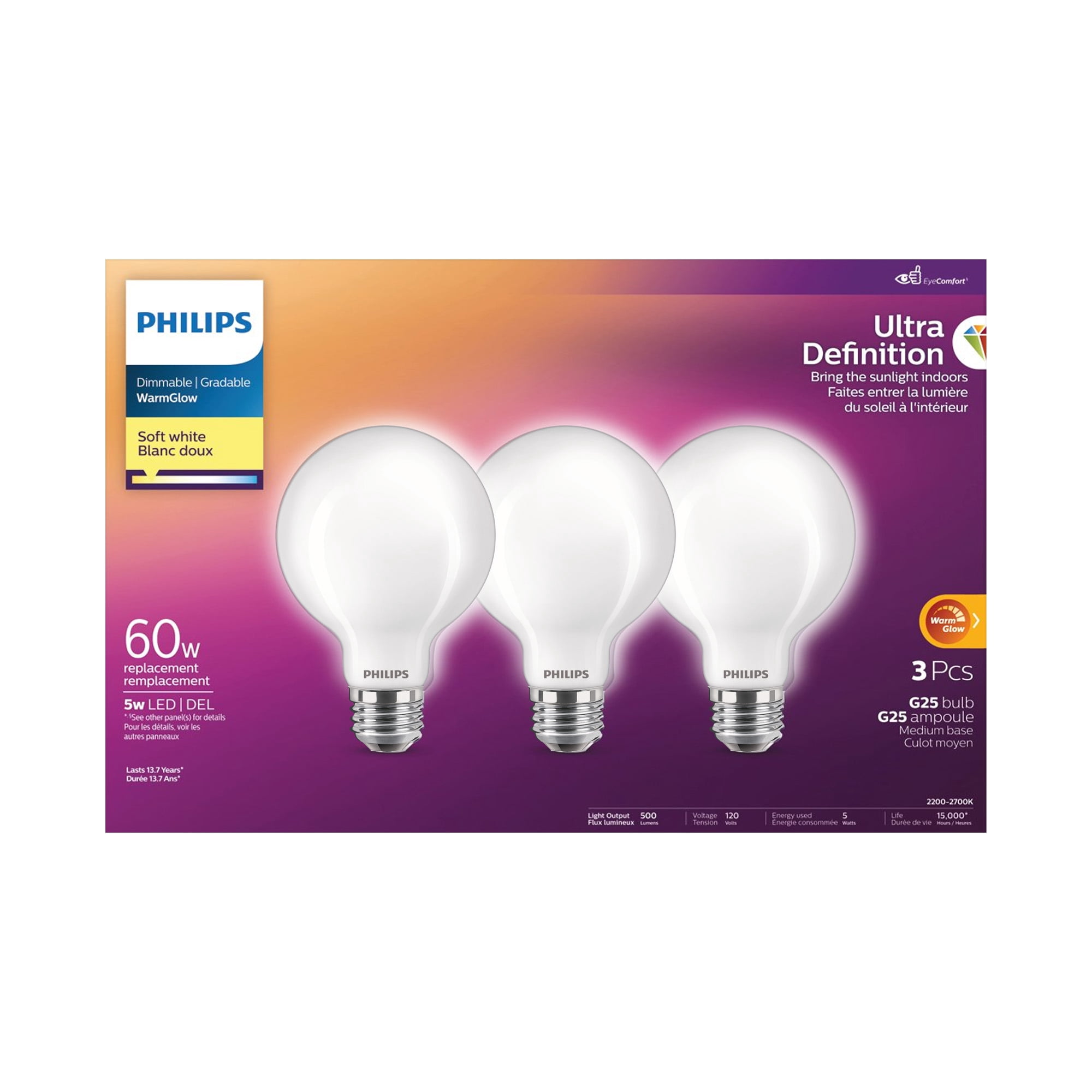 Philips Ultra Definition G25 E26 60W Soft White WarmGlow (2200
