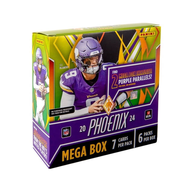 2024 Panini Phoenix Football Trading Cards Mega Box with Panini logo, front-facing box containing six 7-card packs; features robust base set and base parallels, Mega Box-exclusive purple parallels, Rookie Autograph Jersey cards plus Color Blast and Flex inserts; suitable for display or adding to a collector binder.