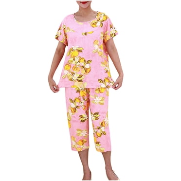 Pisexur Womens Pajama Sets 2 Piece Floral Print Cotton Nightgowns for Women Casual Round Neck Short Sleeve T-Shirts Tops and Knee Length Lounge Pants Plus Size Pajamas for Women Set XL-4XL