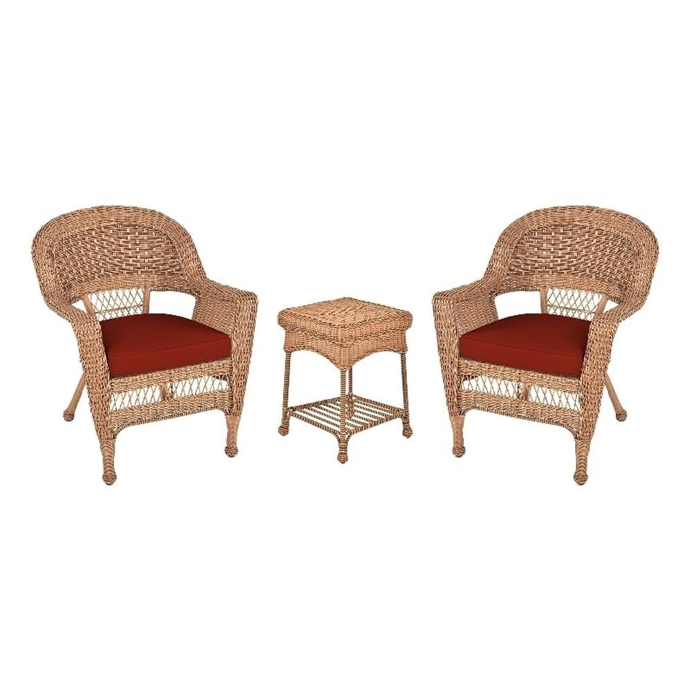 Jeco 3pc Wicker Chair and End Table Set in Honey with Red Orange Chair Cushion