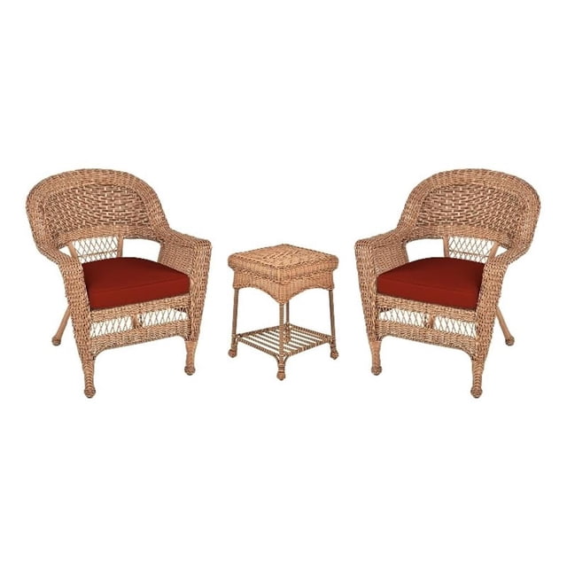 Jeco Ensemble de 3 Pcs Chaise en Osier et Table d'Appoint Couleur Miel avec Coussin de Chaise Rouge Orange