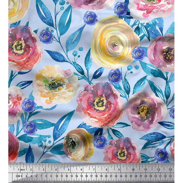 Soimoi Green Poly Georgette Fabric Leaves & Pink Floral Print Sewing Fabric BTY 52 Inch Wide