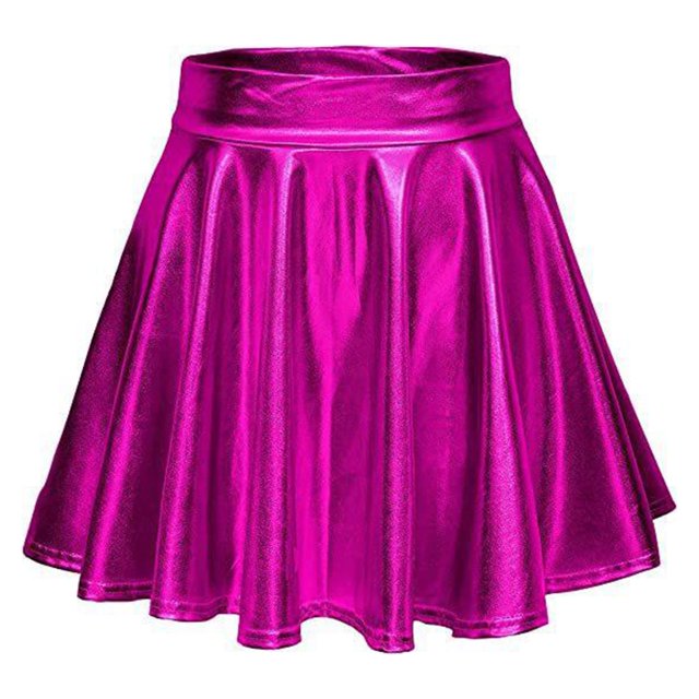 Shiny Flared Pleated Skirt, Solid Color Mini Polyester Fiber Metallic Glossy Skirt Fashionable For Performance Black,Red,Golden,Purplish Red,Purple,Silver