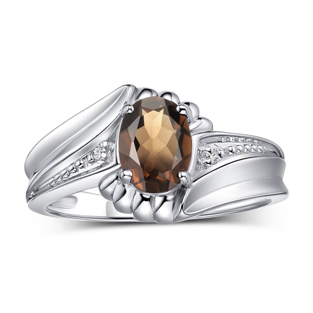 RYLOS Rings for Women Sterling Silver Swirl Z Ring 7X5MM Oval Gemstone & Diamond Rings June Smoky Quartz Jewelry Size 9