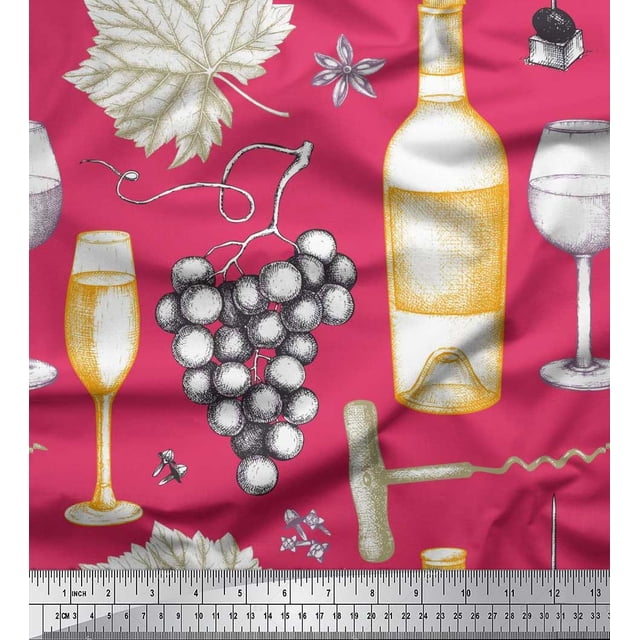 Soimoi Rayon Fabric Grapes,Wine Glass & Bottle Print Sewing Fabric Yard 42 Inch Wide