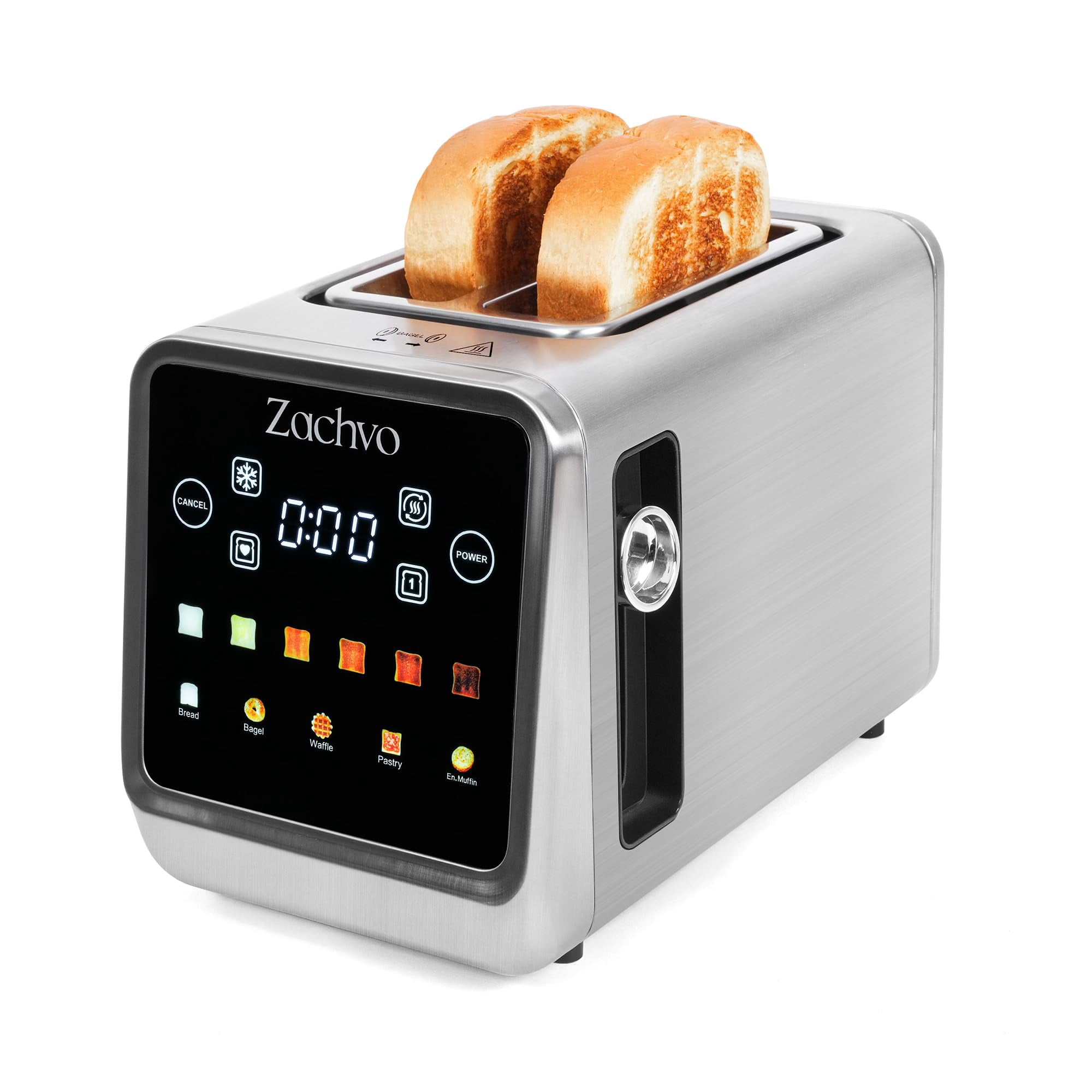 Zachvo 2 Slice Toaster with Smart Touchscreen & Digital Countdown Timer, 1.5" Wide Slot Toaster for Bagels & Bread, 6 Shade Settings, Memory, Defrost & Reheat, Slim Stai