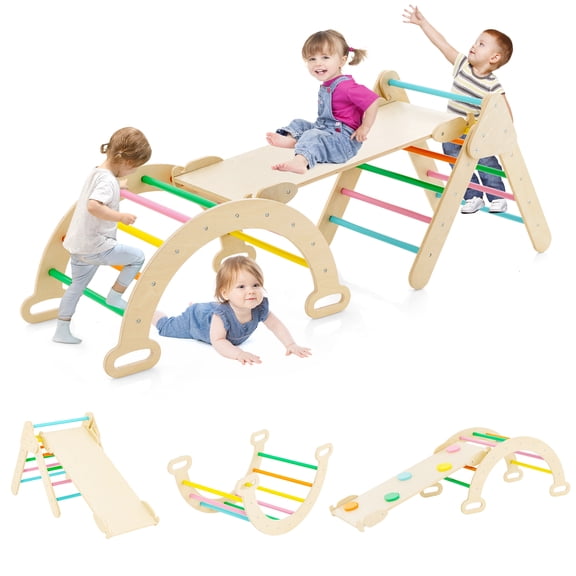 Costway Ensemble d'Escalade 3-en-1 pour Enfants, Arche de Jeu en Bois pour Tout-Petits avec Rampe de Glisse et d'Escalade