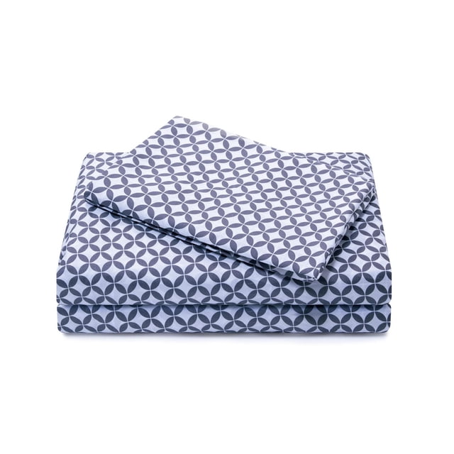 Mainstays Soft, Easy Care, Microfiber Sheet Set – Printed with a folded set featuring a dark grey circular geometric pattern on light grey brushed microfiber fabric, wrinkle resistant and durable, designed to fit mattresses up to 14 inches deep, suitable for enhancing bedroom style.
