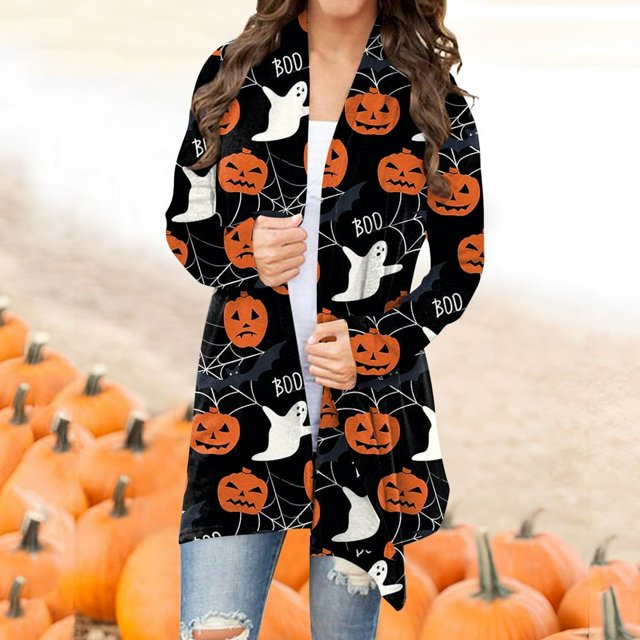 Women‘s Halloween Cardigan Sweater Skull Pumpkin Print Pattern Long Cardigans Sweater Coats Tops Ginger M