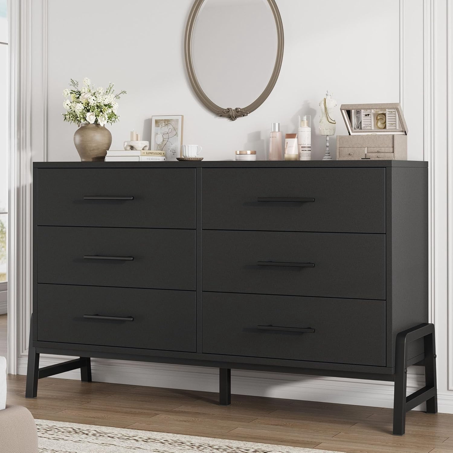 6 Dresser for Bedroom, 52 in Wide Drawer with Large Storage Space, Freestanding Wooden Closet Storage Dresser Chest for Living Room, Bedroom, Entryway, Black