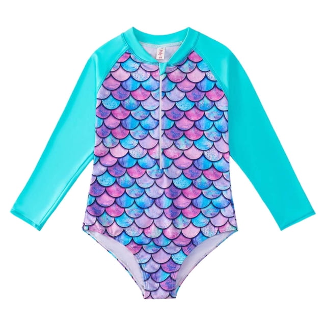Kid Girls Swimming Bathing Suit Rash Guard Striped Ruffle Long Sleeve Sun Protection Kids Swimsuit 8-9 Years