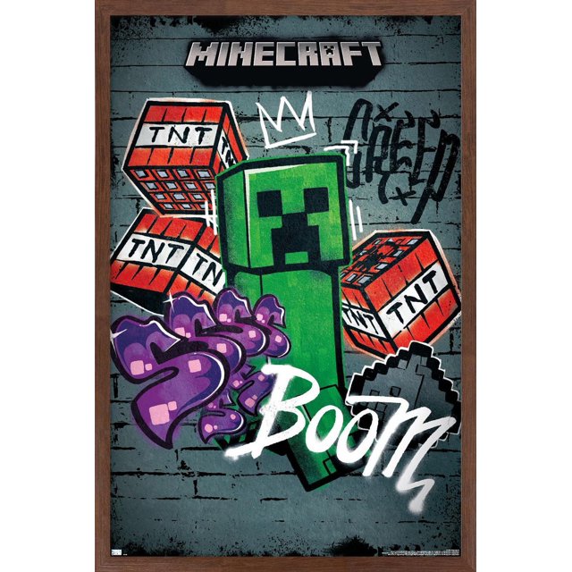 Minecraft - Creeper Do Not Enter Wall Poster, 22.375" x 34", depicting a centered green Creeper character with pixelated face, surrounded by red TNT blocks labeled 'TNT', graffiti-style purple and white 'Boom' text on a gray brick wall background framed in dark wood, ideal for bedroom or office wall decor.