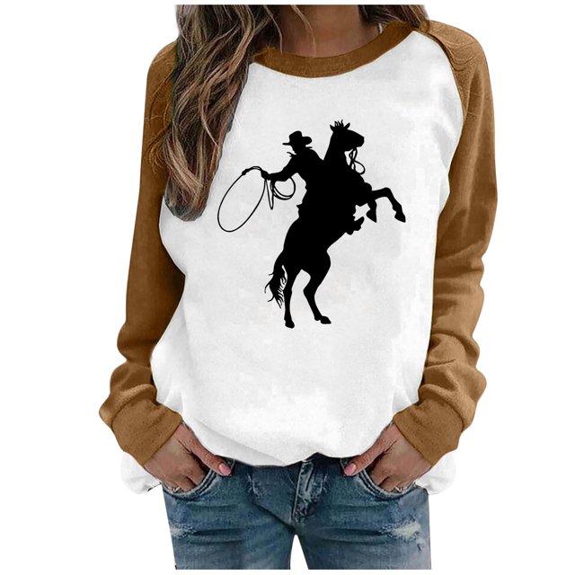 CEHVOM Mode Femmes Décontracté Imprimé Col Rond Manches Longues T-Shirt Ample Blouse Pull Tops Chandails en Molleton Sans Capuche Liquidation