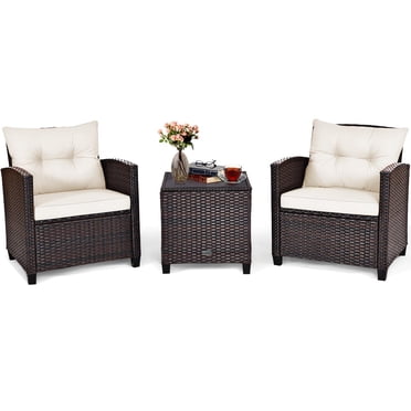 Giantex 3 Pieces Patio Furniture Set, PE Rattan Wicker 3 Pcs Outdoor Sofa Set w/Washable Cushion and Tempered Glass Tabletop, Conversation Furniture for Garden Poolside Balcony (White)