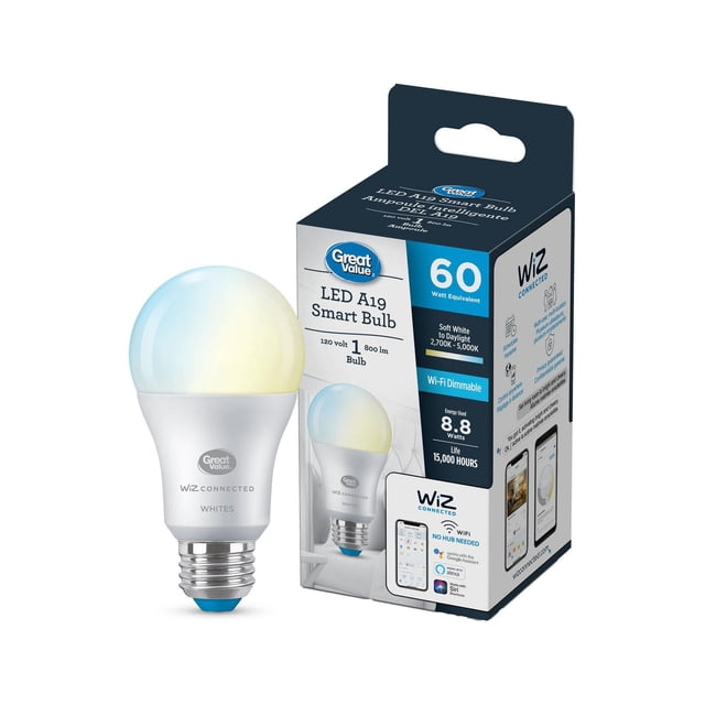 Great Value Wiz Tunable White A19 WiFi bulb with frosted rounded top and E26 base shown next to its packaging, offering 800 lumens brightness and tunable white light from soft warm 2700K to bright daylight 5000K, Wi-Fi dimmable and controlled via WiZ app or voice assistants, ideal for home or office lighting.
