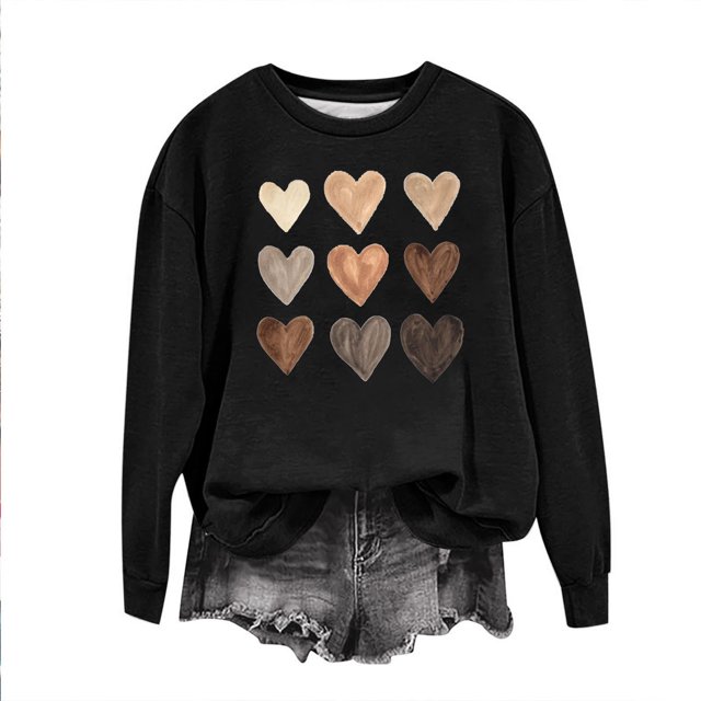Qertyioot Chemise Cœur d'Amour Pull de la Saint-Valentin, Blouse à Manches Longues Imprimée Mode pour Femmes Col Rond Hauts Décontractés