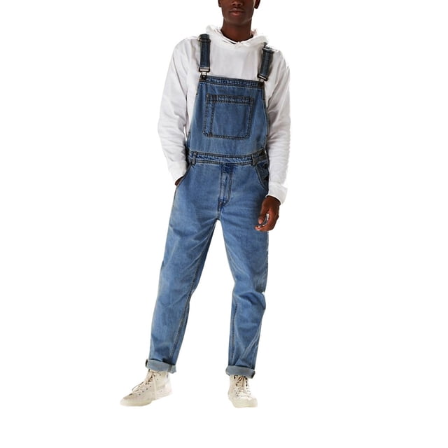 VEKDONE 2025 Men's Casual Denim Bib Overalls Slim One-Piece Jumpsuits Washed Jeans Ripped Long Rompers Trousers B Blue,XX-Large