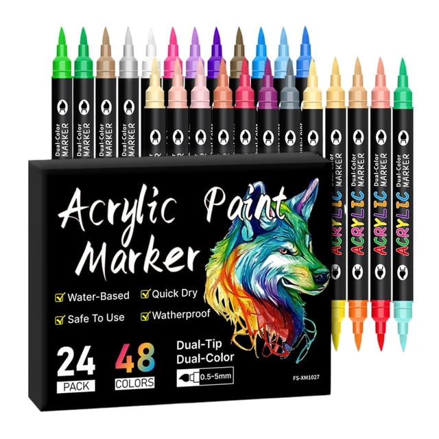 Siruishop 24 Pieces Acrylic Paint Markers with dual-tip brush markers in 48 vibrant colours, ideal for rock painting, canvas art, and ceramic designs. The markers are displayed upright with black barrels and coloured tips visible, alongside the packaging box featuring a colourful wolf design and product details like water-based, quick-dry, and waterproof features.