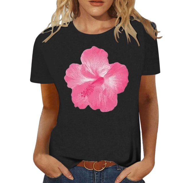 LUOGENLI T-shirts pour Femmes Mode Décontractée Chemises Imprimées Col Rond Manches Courtes Tee Tops Tunique Blouse T-shirts Graphiques Vêtements d'Été Pêche Noir TG