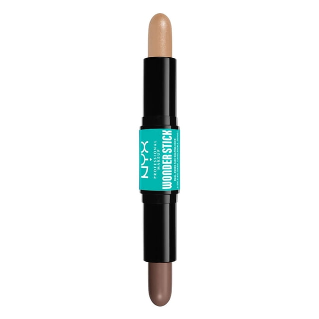 NYX PROFESSIONAL MAKEUP Wonder Stick dual-ended contour and highlight stick in DEEP shade with black tube and turquoise label, featuring creamy lighter beige highlight on one end and darker brown contour on the other, ideal for sculpting and brightening facial features.