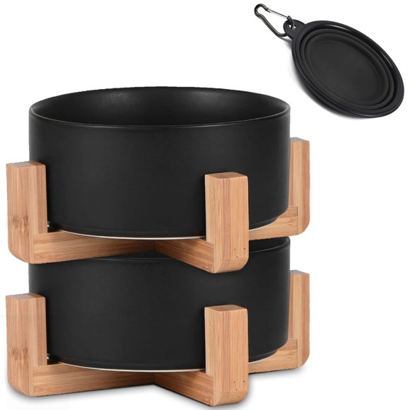 Petygooing Ceramic Black Cat Dog Bowl Set with Stand Pet Food and Water Dish Medium Pet Bowls Anti-Slip Set of 2 Cat Bowls-Pet Food Dishes- Small Medium Size Dog (28 OZ /3.6 Cups)
