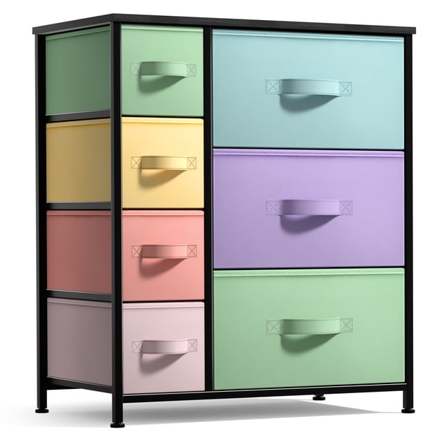 Sorbus Dresser with 7 Drawers in pastel and black colors, designed for kids' rooms and featuring a durable black steel frame and MDF wood top. The dresser includes seven colorful fabric drawers in teal, yellow, peach, pink, aqua, purple, and light pink, with easy pull handles for quiet opening. Perfect for organizing kids' clothing, toys, blankets, and household items, this lightweight and portable storage solution measures approximately 25” L x 11.87” W x 28.75” H.