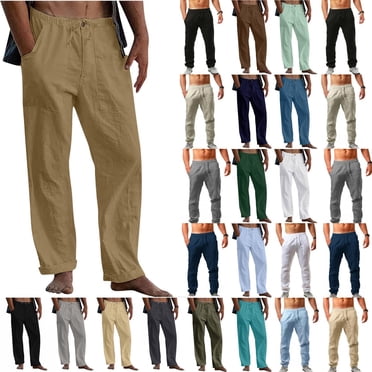QATAINLAV Men Big and Tall Linen Pants with Pockets Summer Casual Drawstring Beach Pants Lightweight Elastic Waist Yoga Pants Solid Color Straight Leg Trousers Sales of The Day Clearance Khaki 4XL