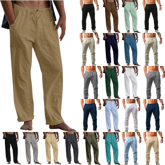 QATAINLAV Big and Tall Linen Pants for Men with Pockets Summer Casual Drawstring Elastic Waist Yoga Pants Outdoor Solid Color Straight Leg Trousers Summer Savings Dark Blue 5XL