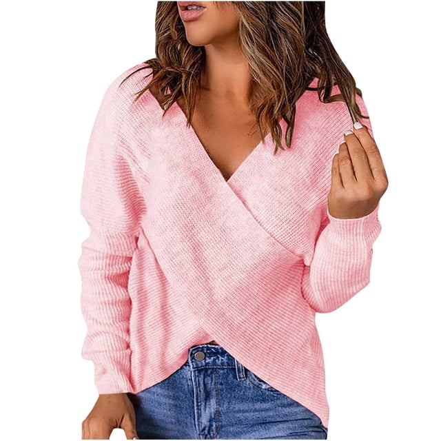 Penkiiy Chandail à Col en V Profond Tricoté pour Femme à Manches Longues, Croisé, Coupe Ample, Chandail à Enfiler, L Rose
