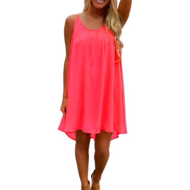 Innerwin Robe Mini Couleur Unie Débardeur pour Femme Fête Encolure Dégagée Ample Été Plage Robe d'Été Rose Rouge P