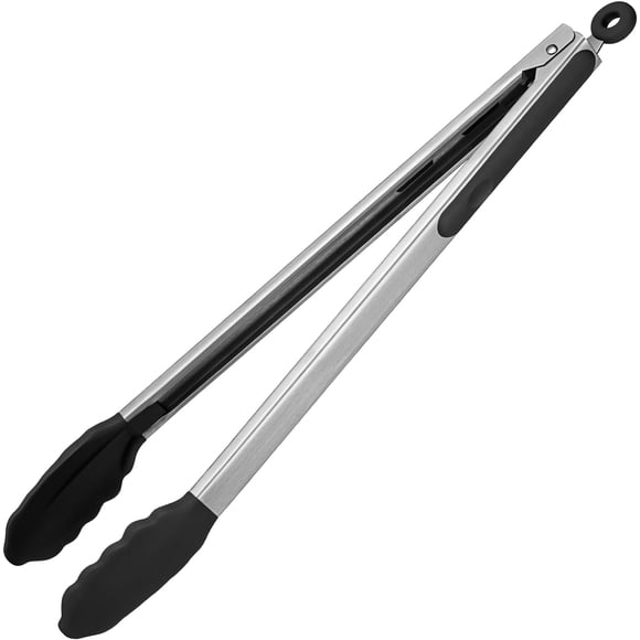 600°F Heat Resistant Kitchen Tongs: U-Taste 16in Silicone Cooking Tong with Firm Sealed Non Stick Rubber Tips & Silicon Coated 18/8 Stainless Steel Handle & Smooth Lock for Serving Grill(Black)