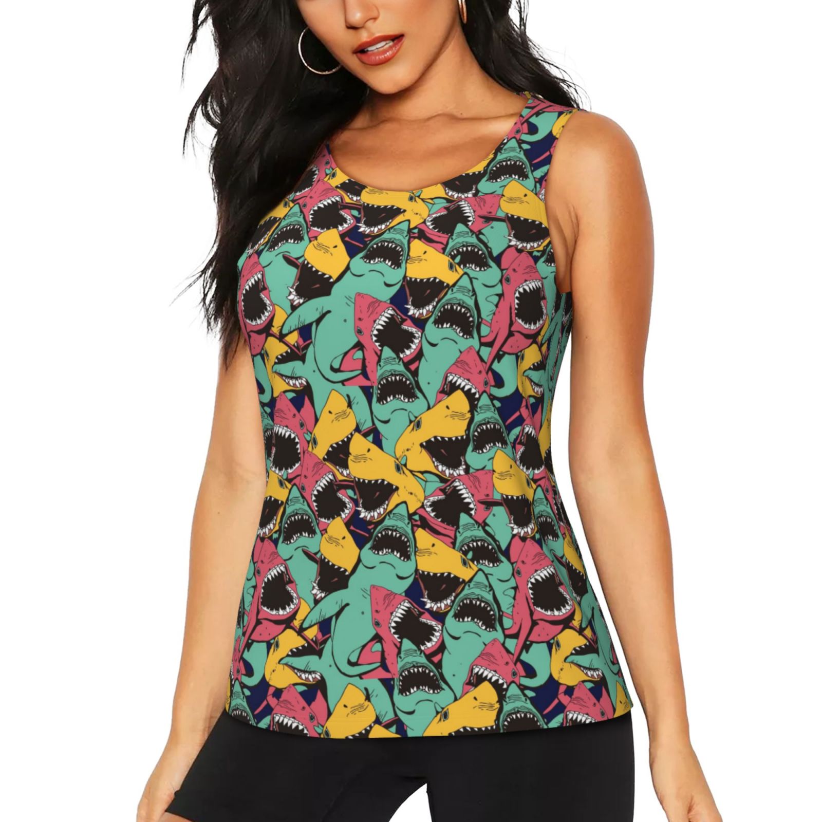 Kdxio Angry Shark Pattern Print Racerback Workout Tank Tops for Women Sleeveless Gym Tops Athletic Yoga Shirts Camisole-Large